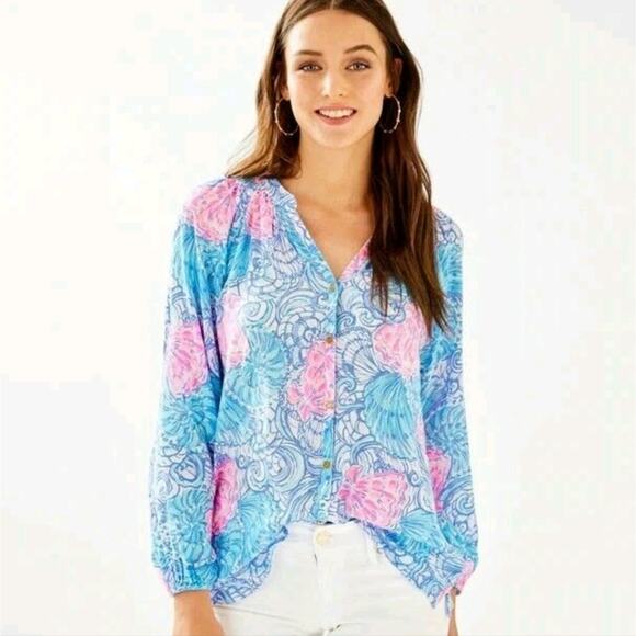 Lilly Pulitzer Tops - Women's Lilly Pulitzer Medium Elsa Blue Pink Seashells Blue Haven Raising Shell